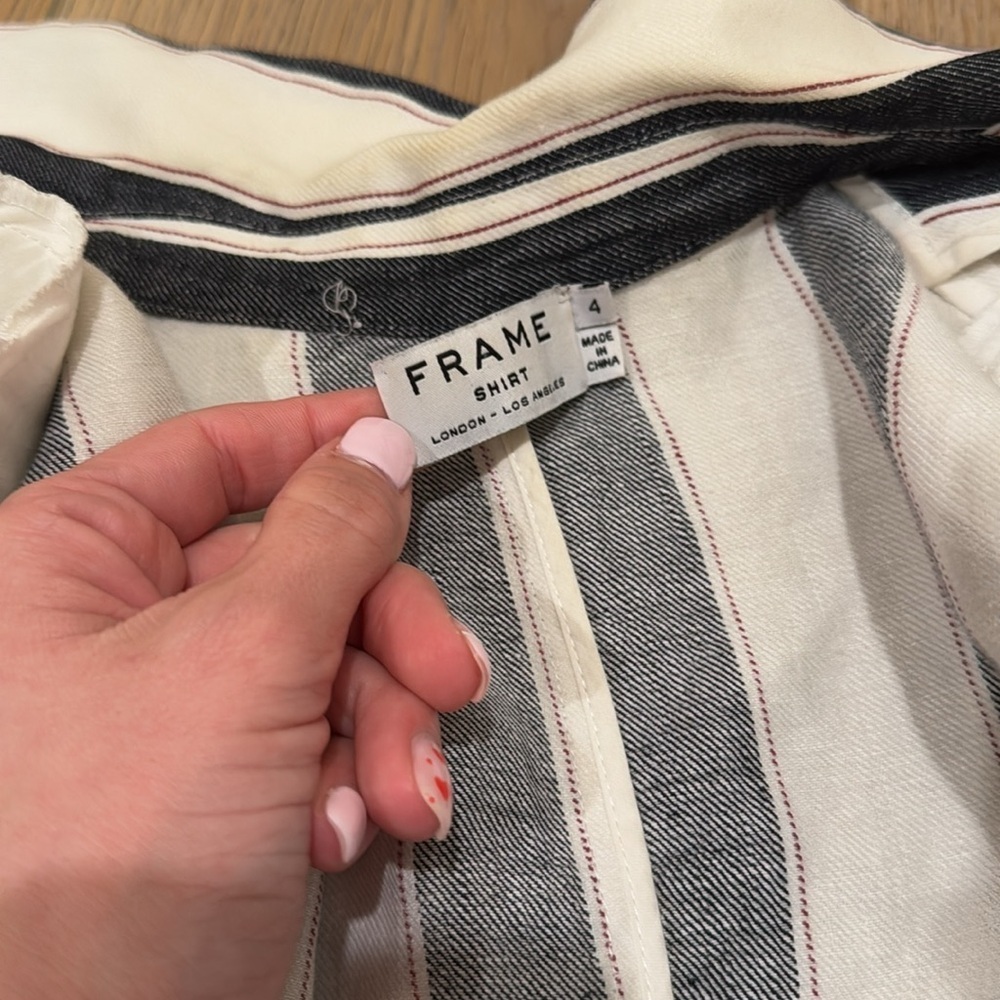 FRAME Bold Stripe Navy White Linen Blazer Sz 4 - Picture 16 of 16